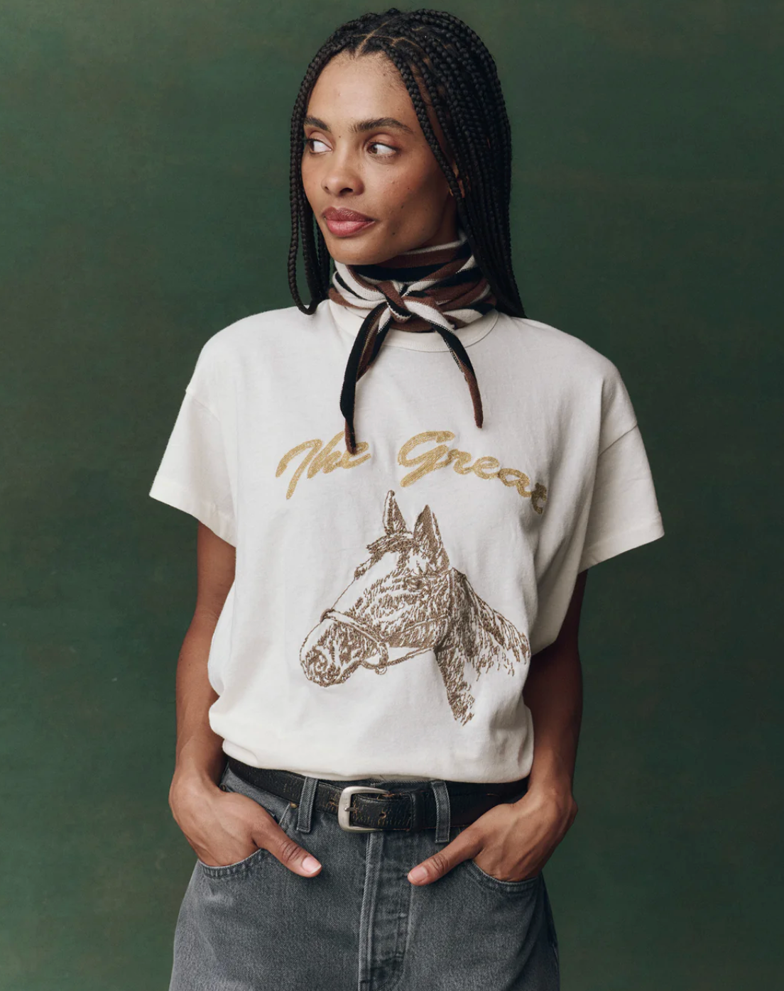 The Great. The Boxy Crew in Washed White with Spice Horse Embroidery