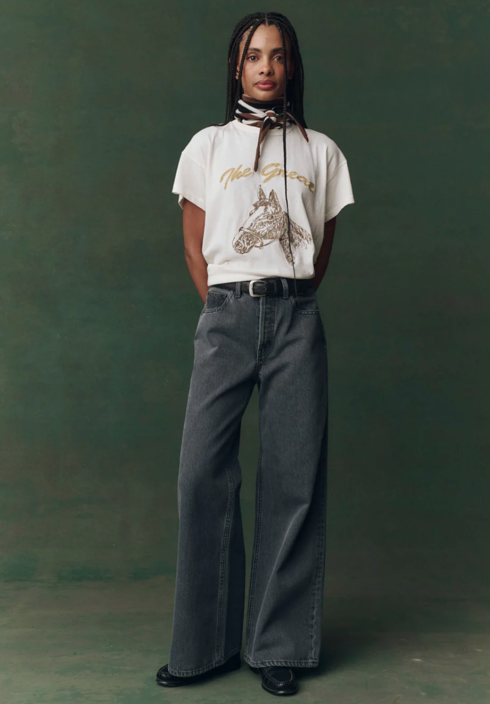 The Great. The Boxy Crew in Washed White with Spice Horse Embroidery