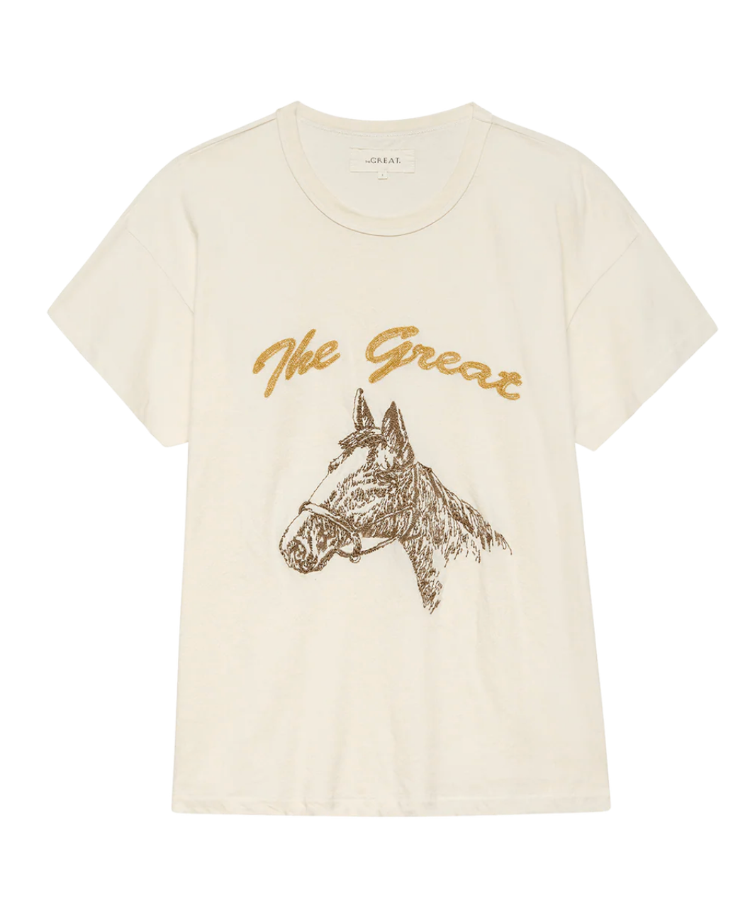 The Great. The Boxy Crew in Washed White with Spice Horse Embroidery