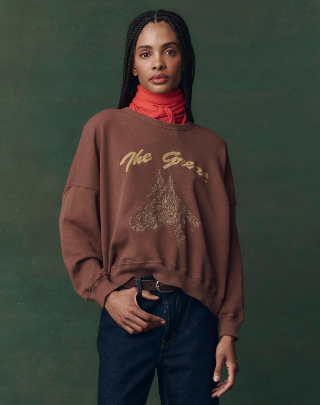 The Great. The Teammate Sweatshirt in Umber with Horse Embroidery
