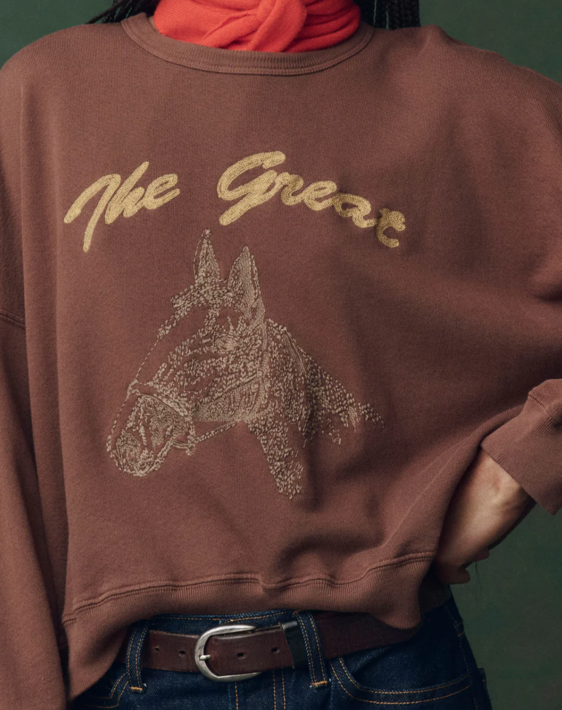 The Great. The Teammate Sweatshirt in Umber with Horse Embroidery
