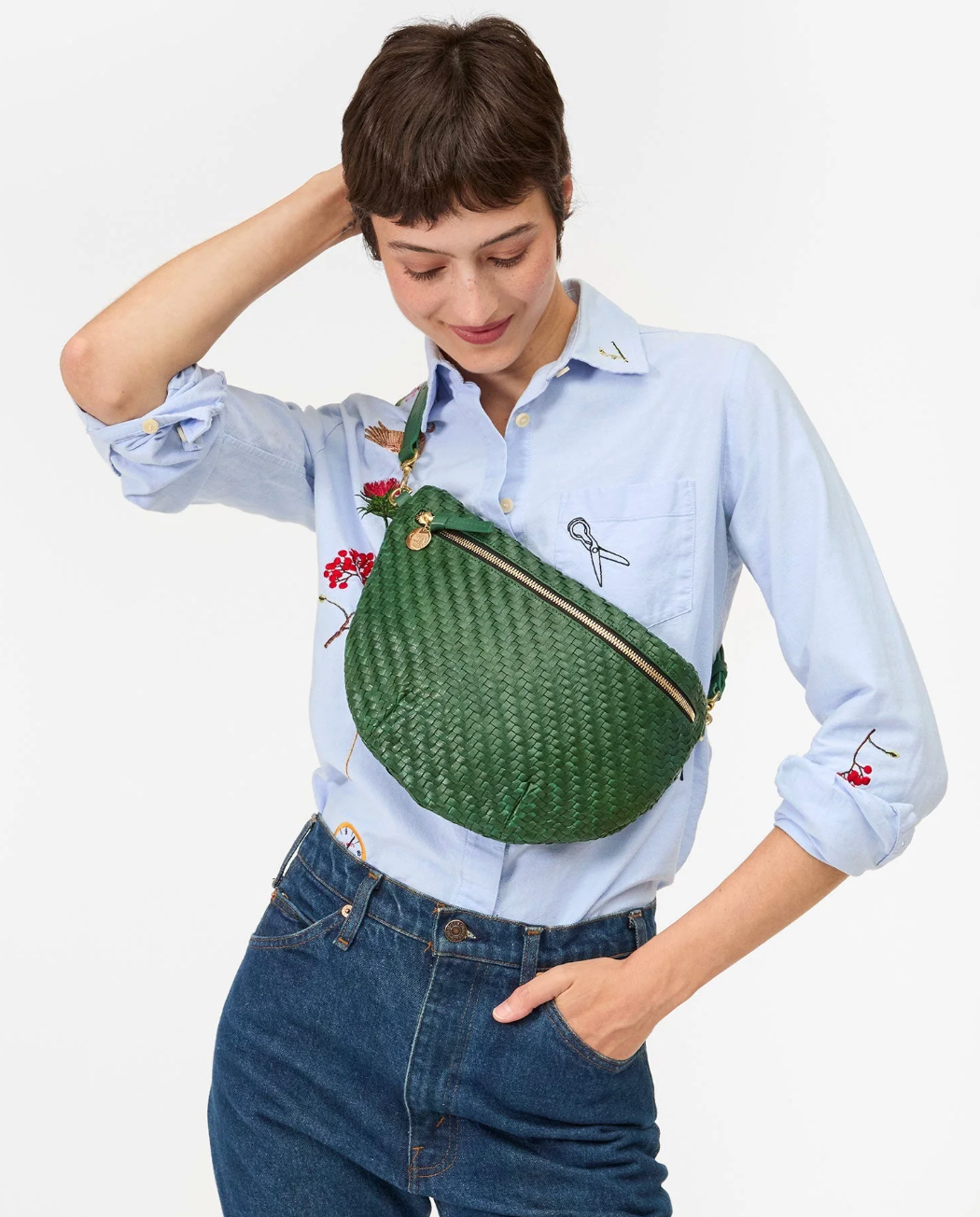 Clare V. Grande Fanny Evergreen Woven Zig-Zag
