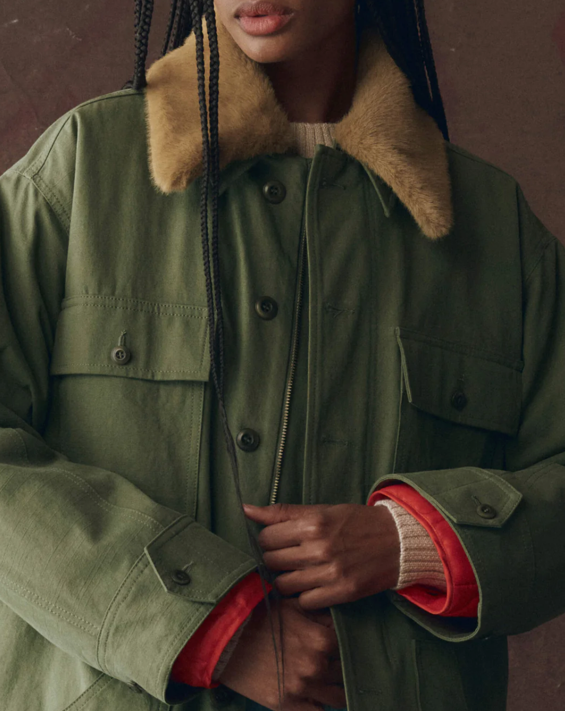 The Great. The Quilted Liner Parka. Army with Hot Orange