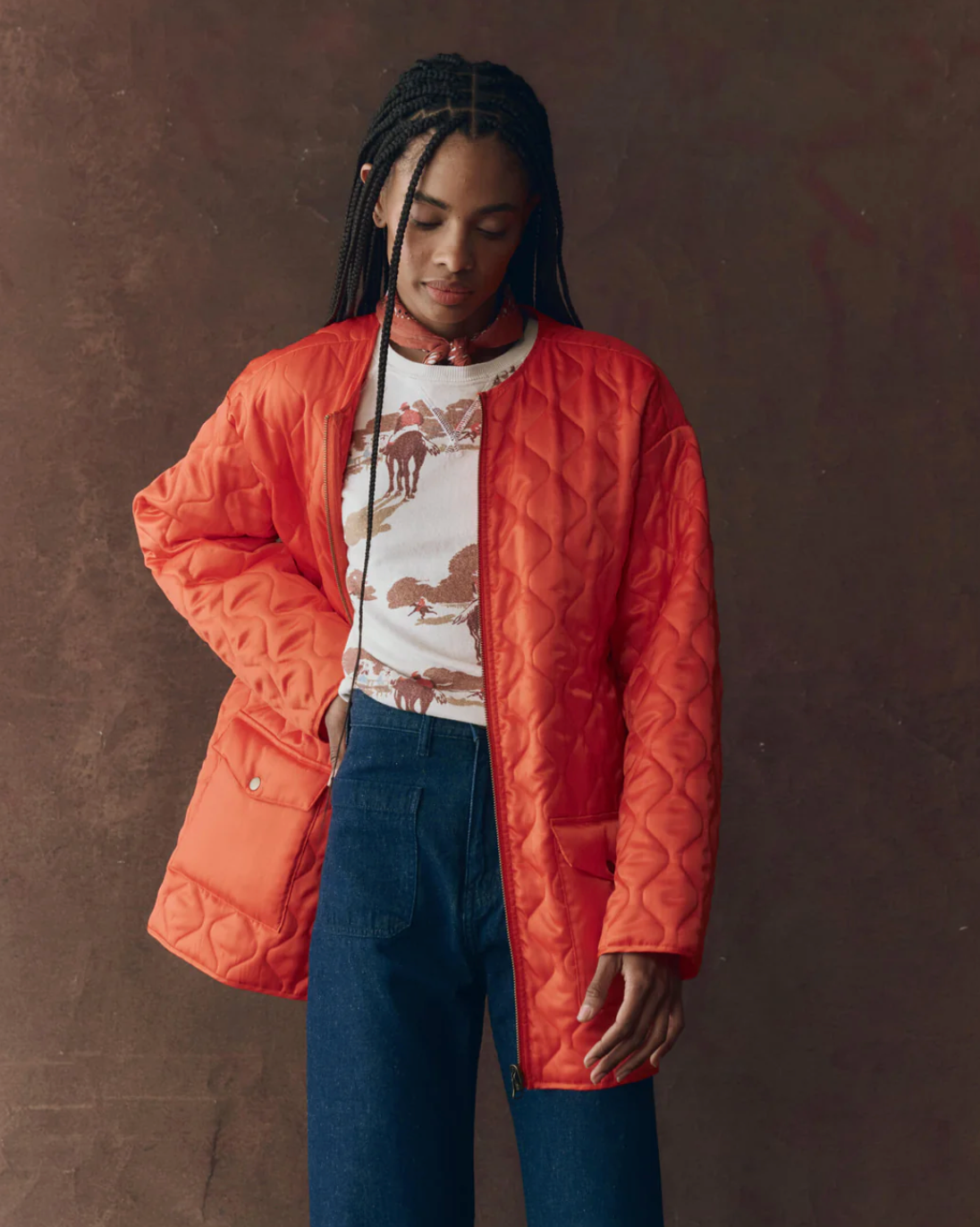 The Great. The Quilted Liner Parka. Army with Hot Orange