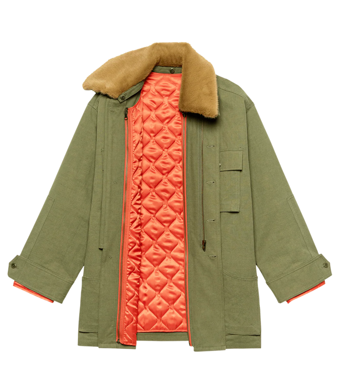 The Great. The Quilted Liner Parka. Army with Hot Orange