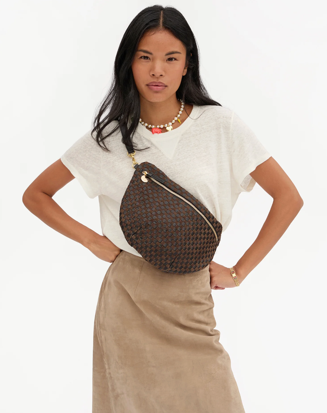 Clare V. Grande Fanny Black/Chocolate Woven Checker