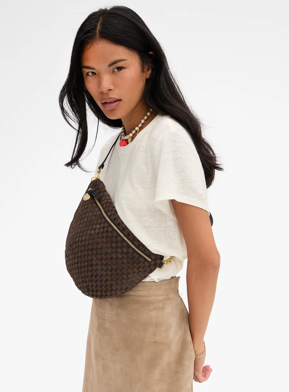 Clare V. Grande Fanny Black/Chocolate Woven Checker