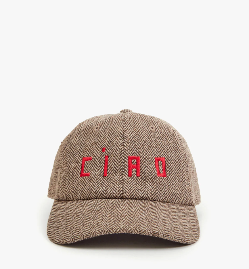 Clare V. Wool Baseball Hat- Taupe w/ Super Red Embroidered Ciao
