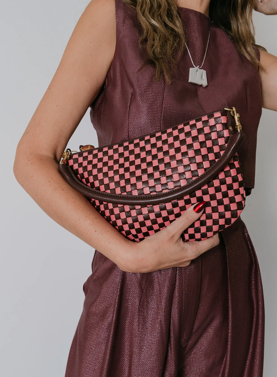 Clare V. Petit Moyen Messenger Raisin/ Petal Woven Checker