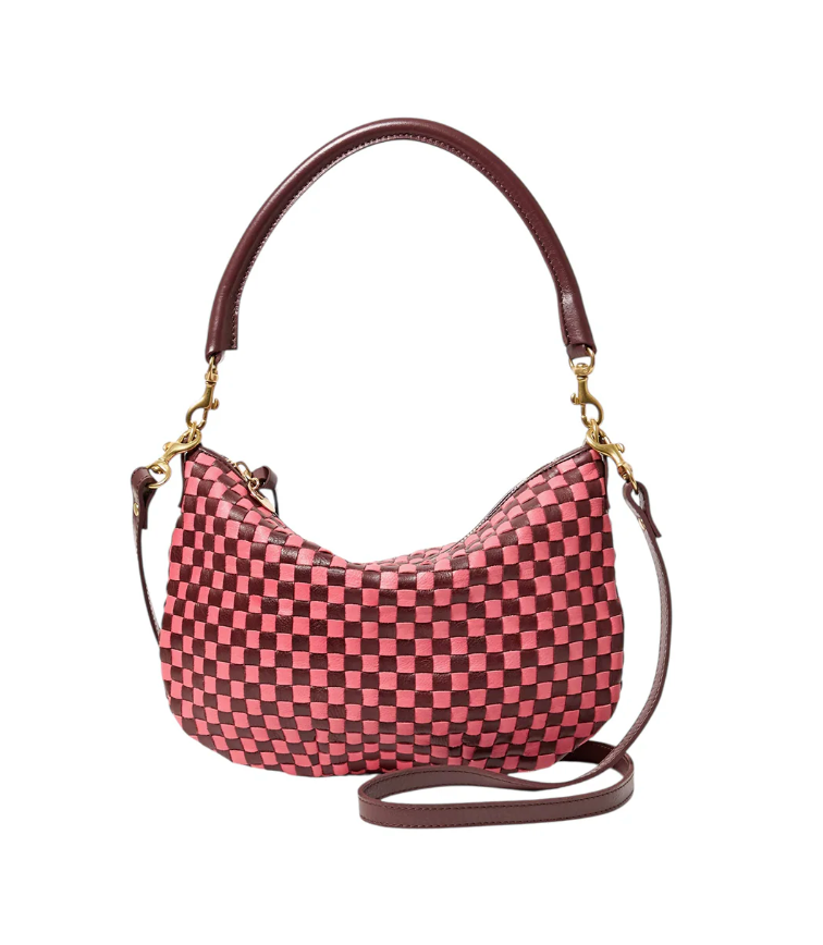 Clare V. Petit Moyen Messenger Raisin/ Petal Woven Checker
