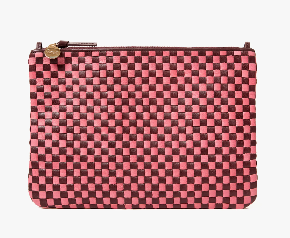 Clare V. Flat Clutch w/ Tabs Raisin/ Petal Woven Checker