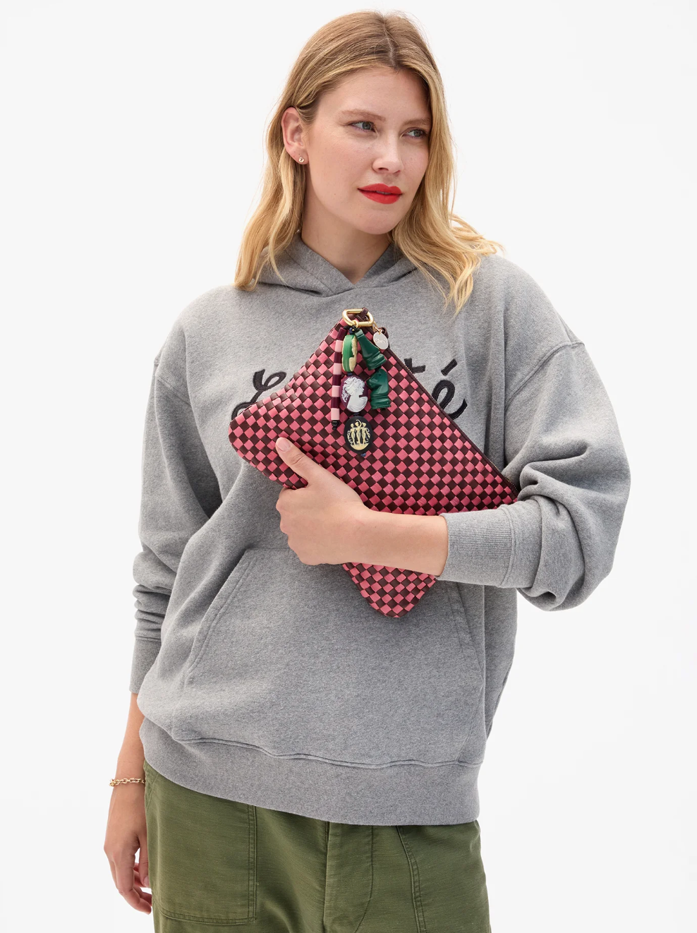 Clare V. Flat Clutch w/ Tabs Raisin/ Petal Woven Checker