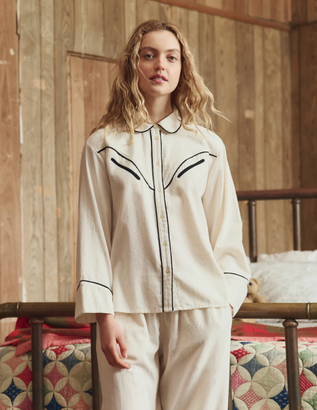 The Great. Flannel Western Pajama Shirt Cream/ Black