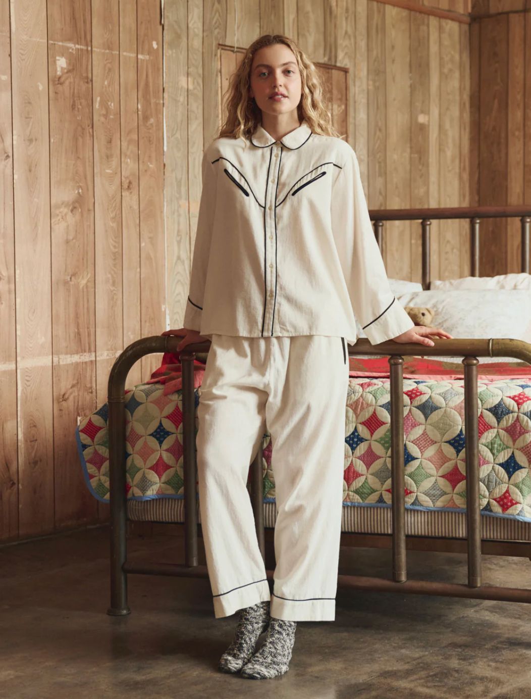 The Great. Flannel Western Pajama Shirt Cream/ Black