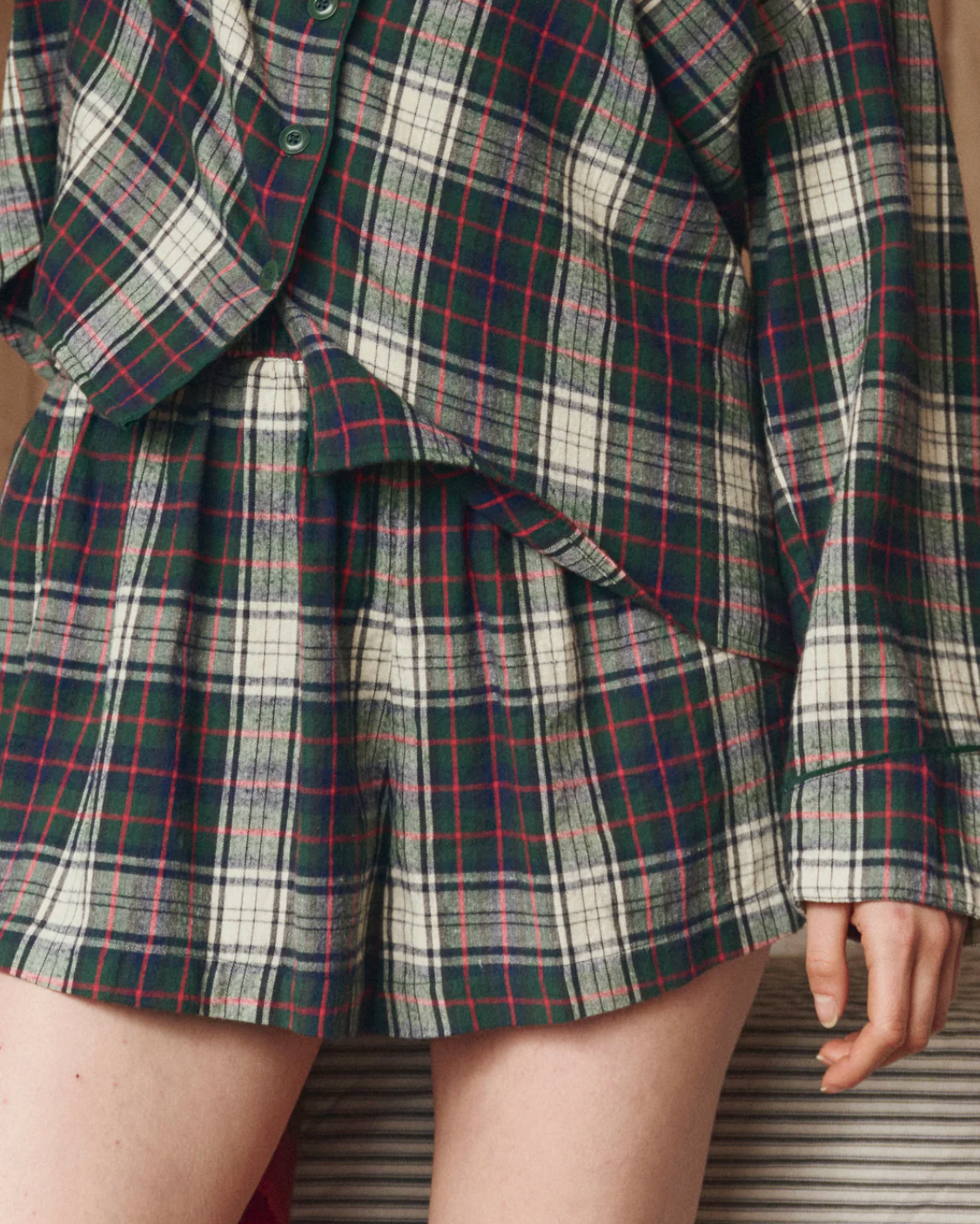 The Great. The Flannel Smocked Sleep Short. Plaid