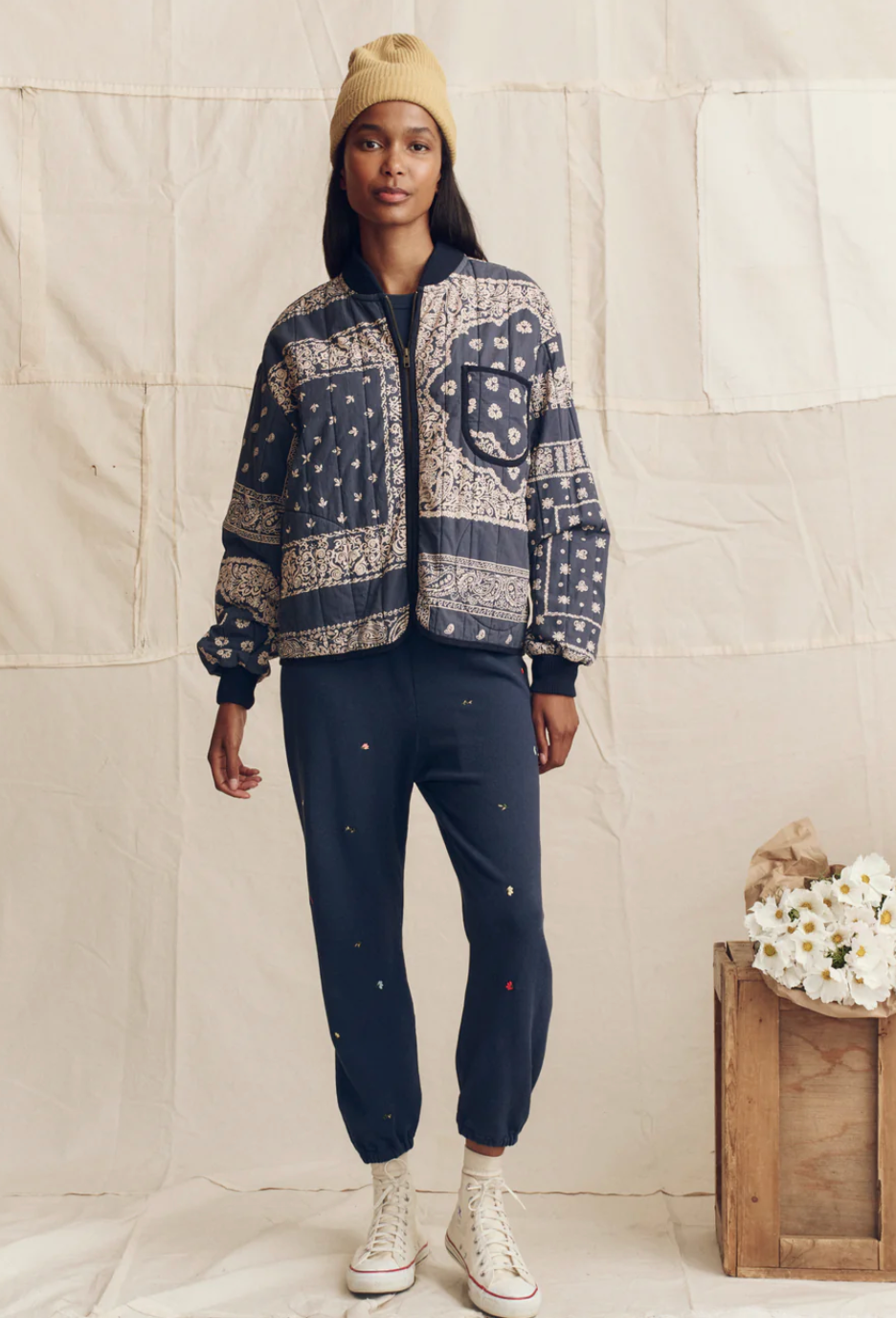 The Great. Stadium Sweatpant in Tossed Floral Embroidery