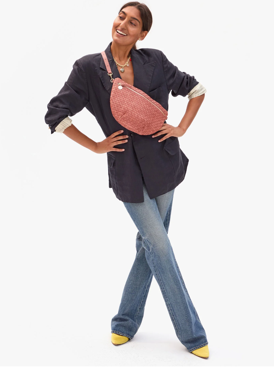 Clare V. Grande Fanny in Rose Clay Woven Checker
