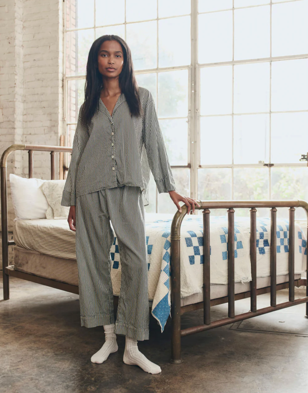 The Great. The Pajama Shirt in Black and Cream Crew