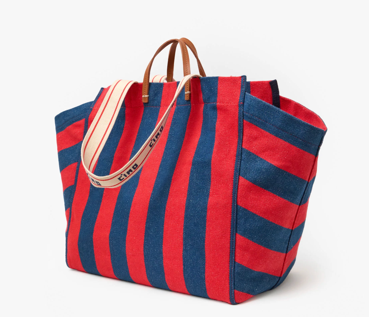 Clare V. La Cote Tote Canvas Stripe in Poppy/ French Blue