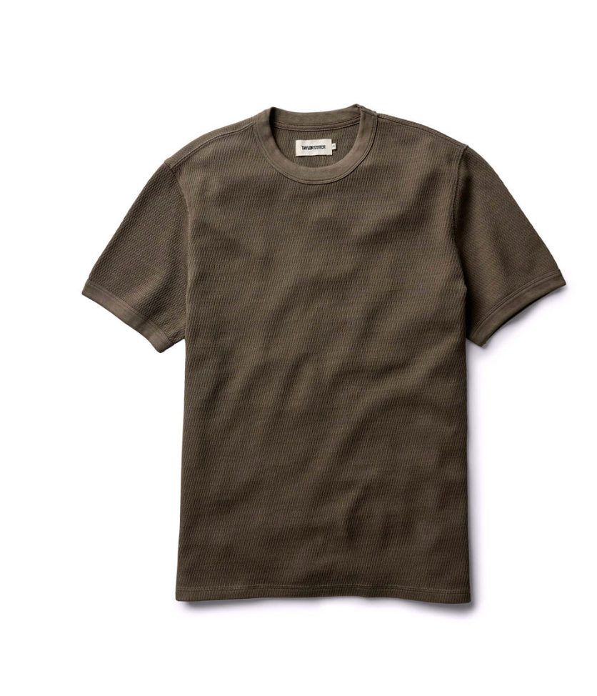 Taylor Stitch- The Organic Cotton Short Sleeve Crew in Fatigue Olive Waffle