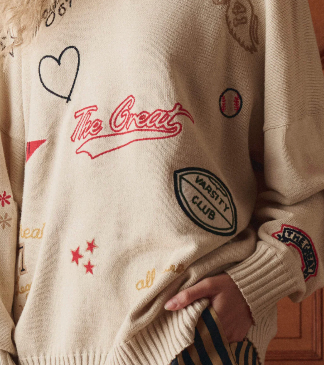 The Great. The Embroidered Pullover in Cream
