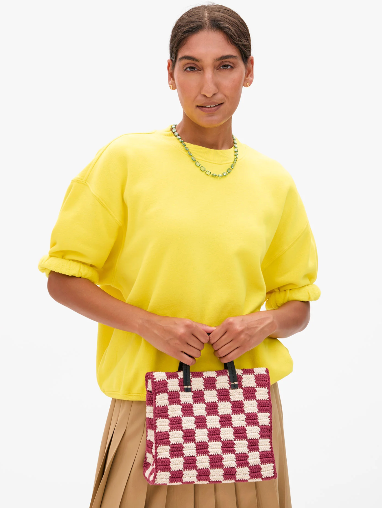 Clare V. Petit Summer Simple Tote - Mini Crochet Checker in Plummy and Cream