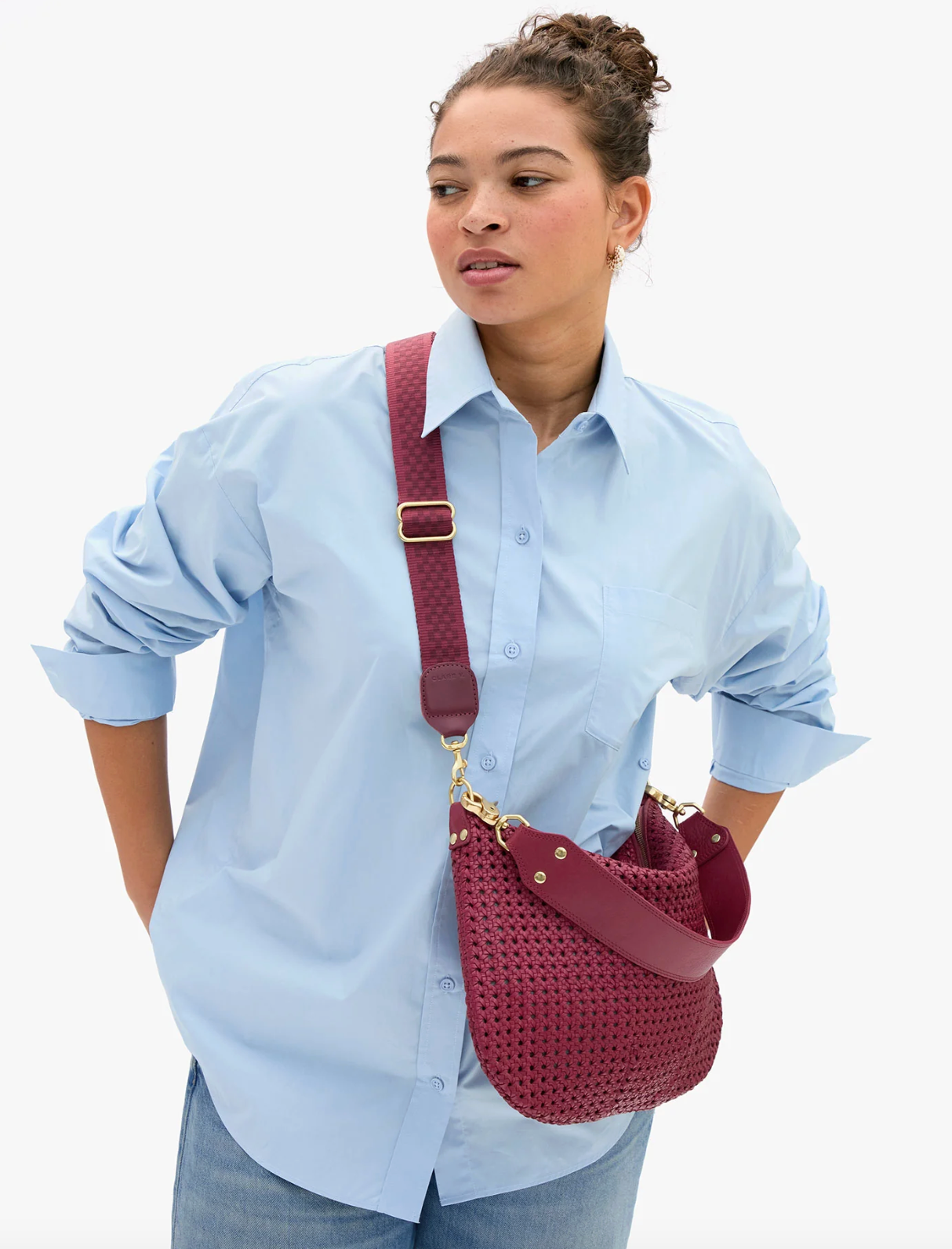 Clare V. Adjustable Crossbody Strap - Checkered in Plummy