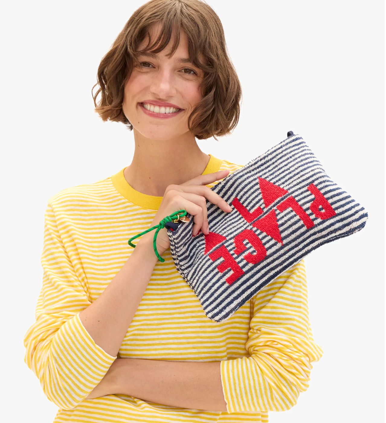 Clare V. Flat Clutch w/ Tabs - Terry Stripe A La Plage in Deep Dive/ Cream