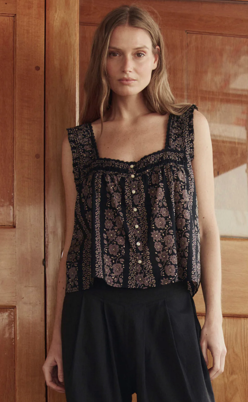 The Great. The Victorian Pleat Tank in Black And Cream Token Floral