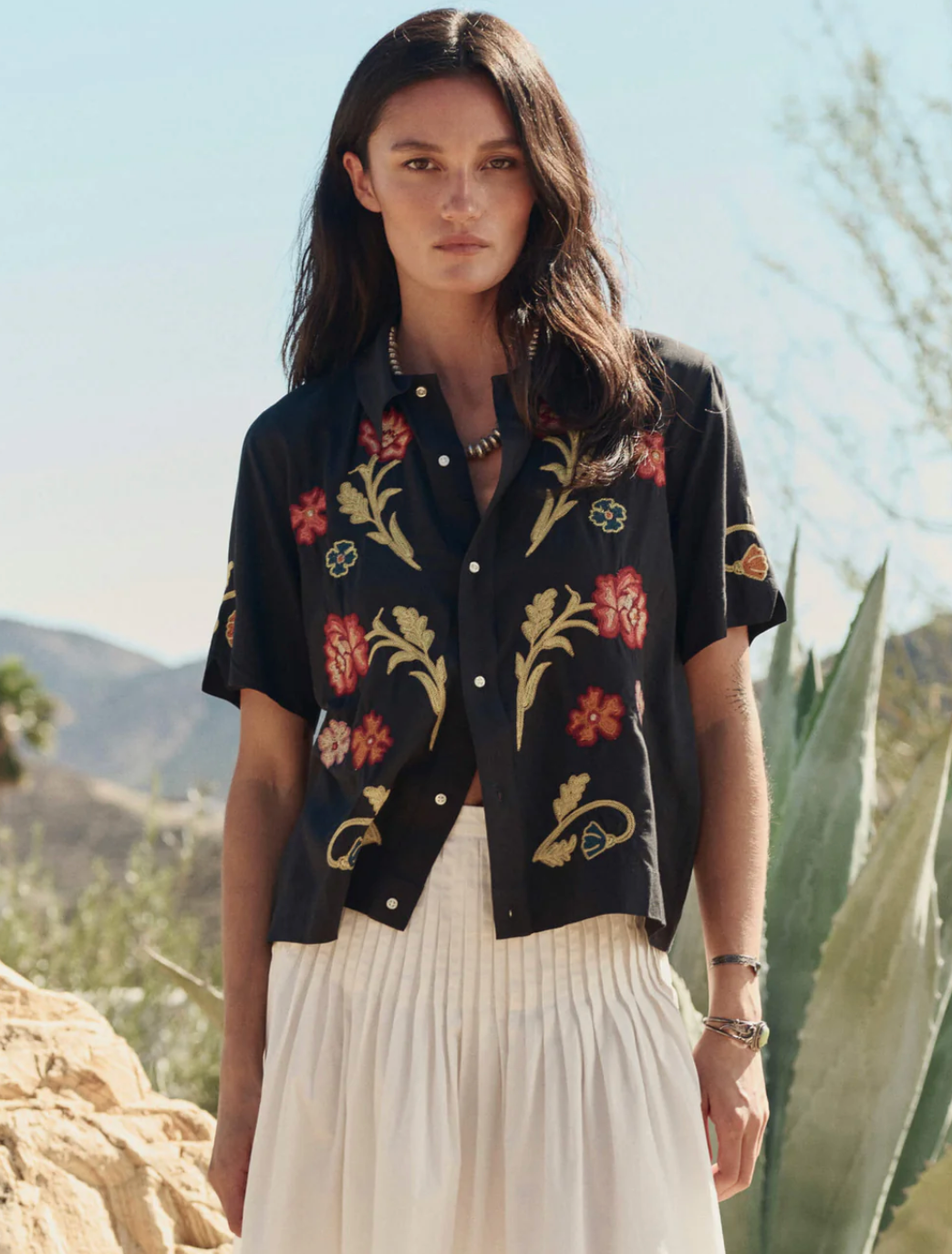 The Great. The Embroidered Paloma Top in Black