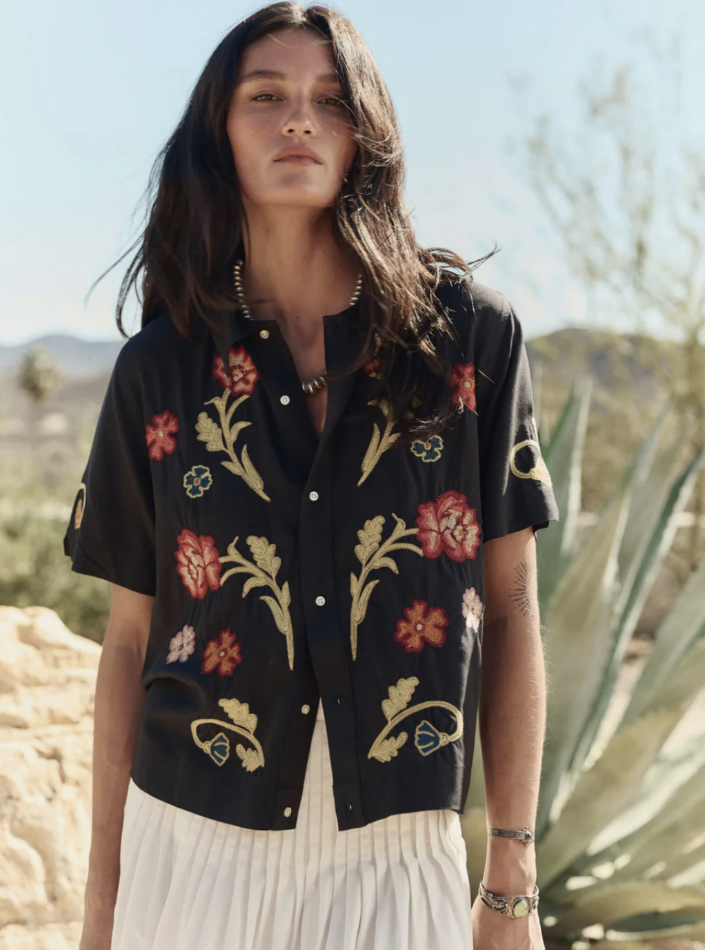 The Great. The Embroidered Paloma Top in Black