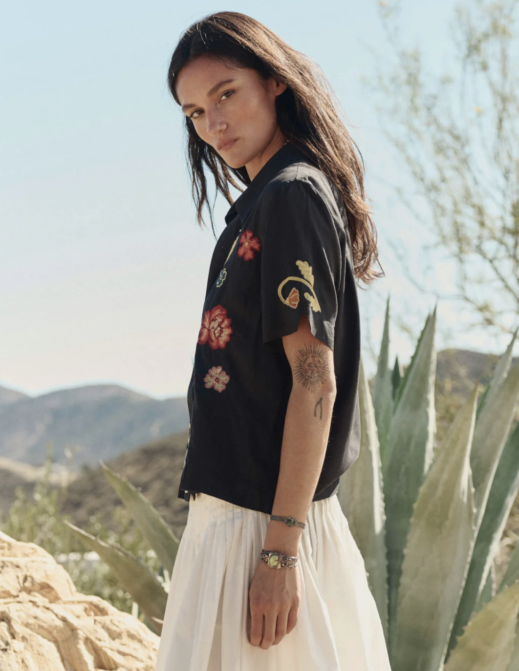 The Great. The Embroidered Paloma Top in Black
