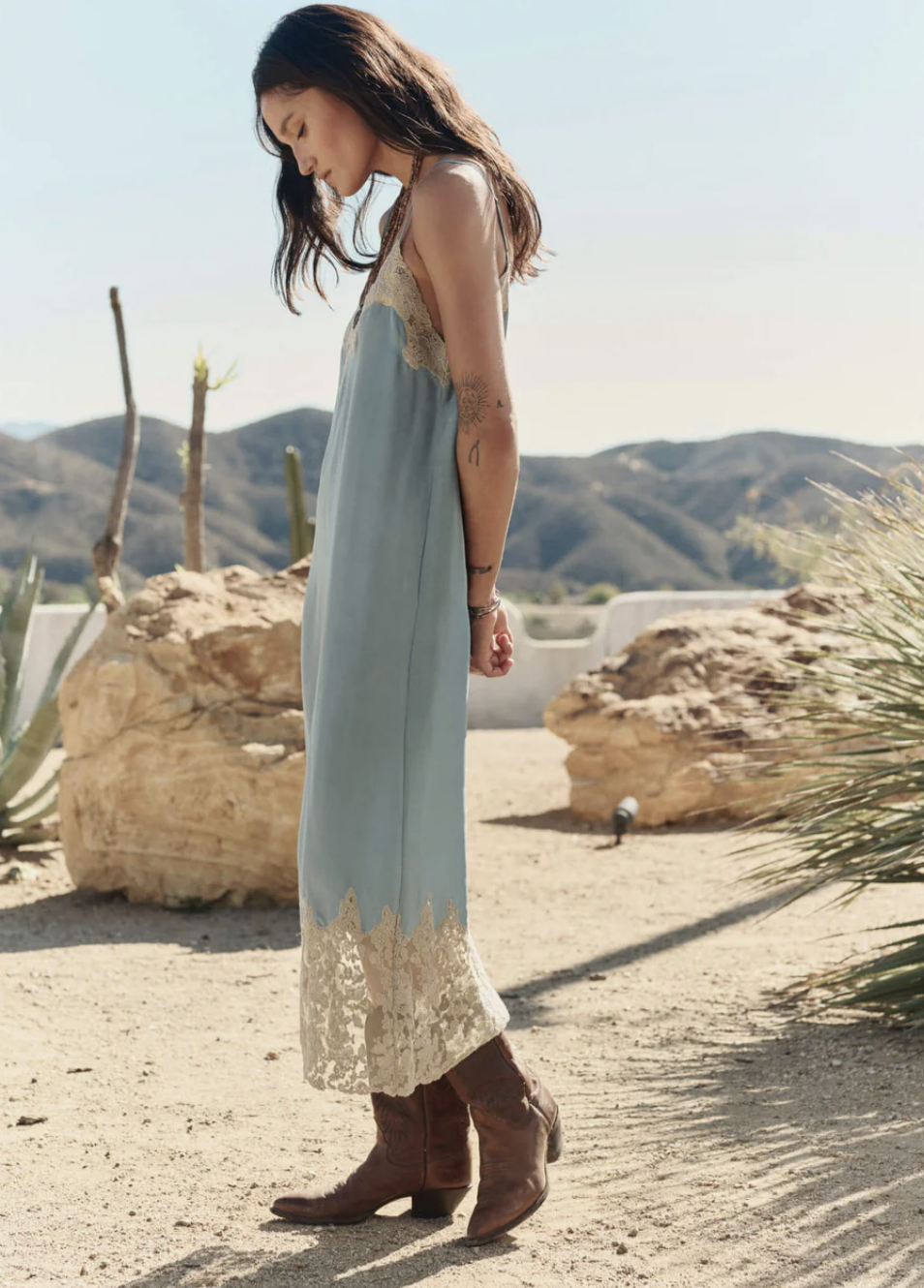 The Great. The Legacy Dress in Faded Blue and Cream