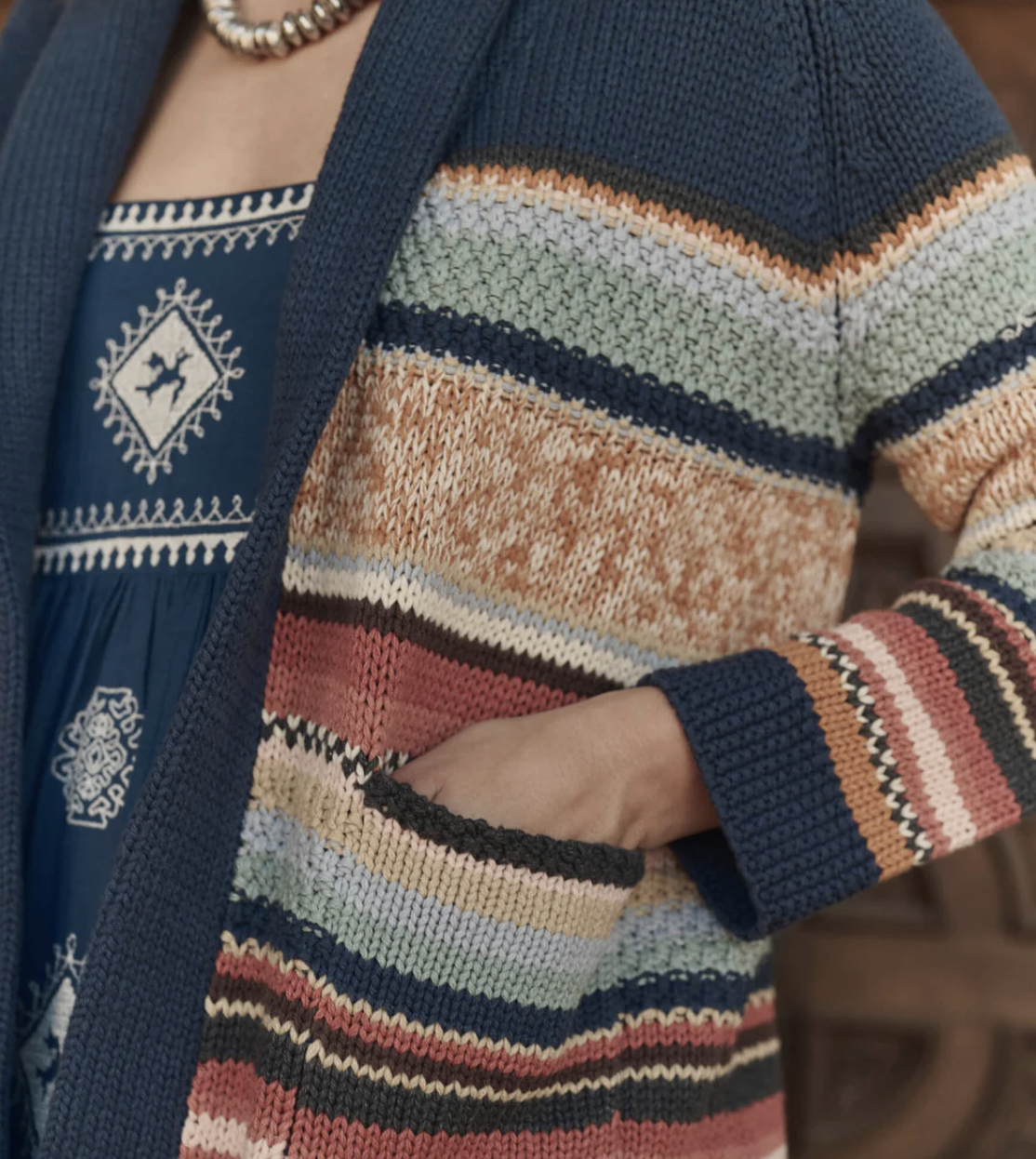 The Great. The Mountain Lodge Cardigan in Taos Stripe