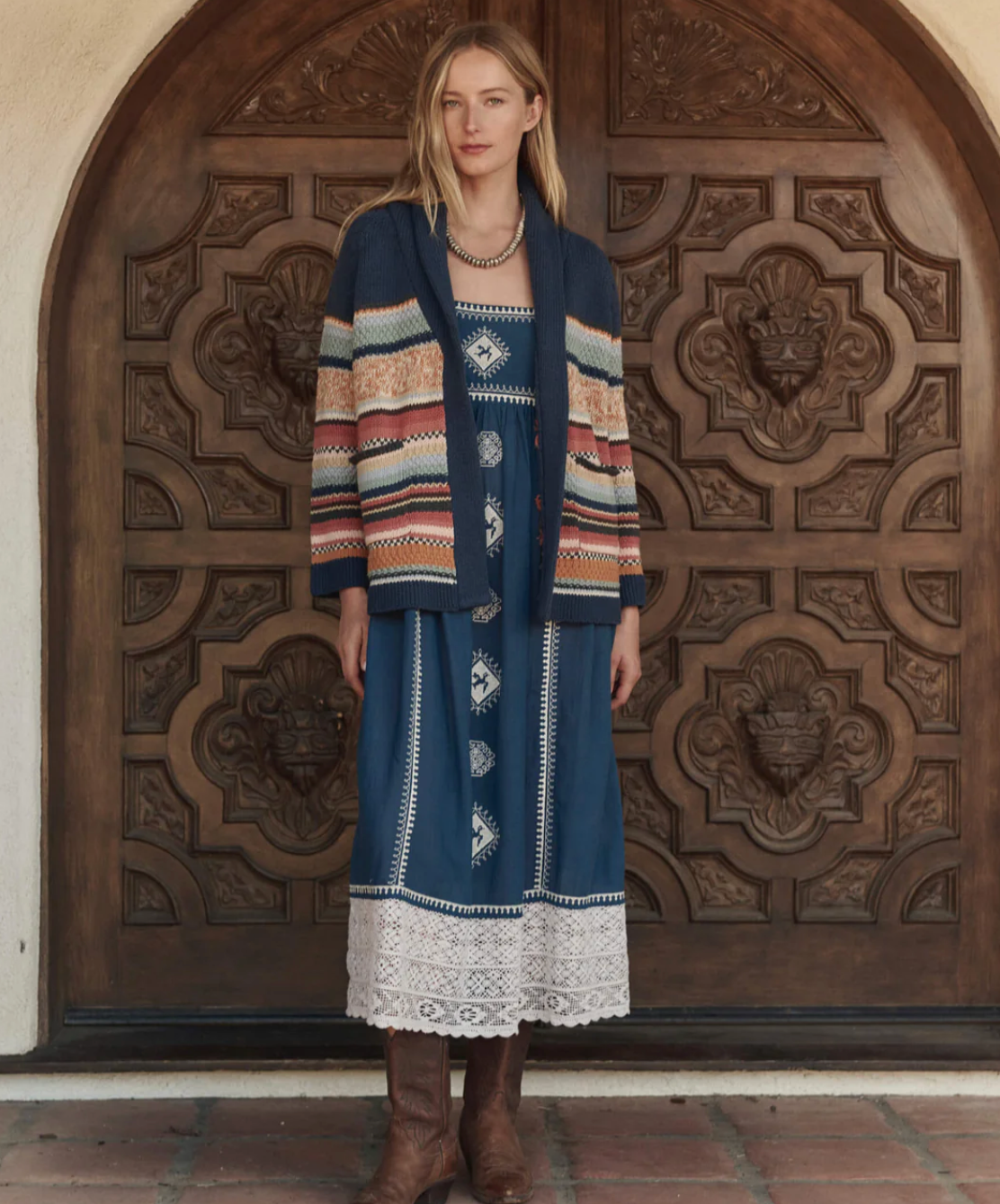 The Great. The Mountain Lodge Cardigan in Taos Stripe
