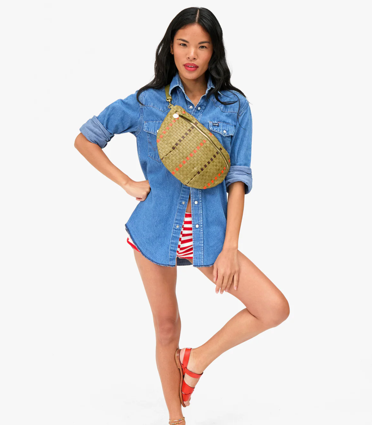 Clare V. Grande Fanny - Woven Checker w/ Stripe in Olive Multi