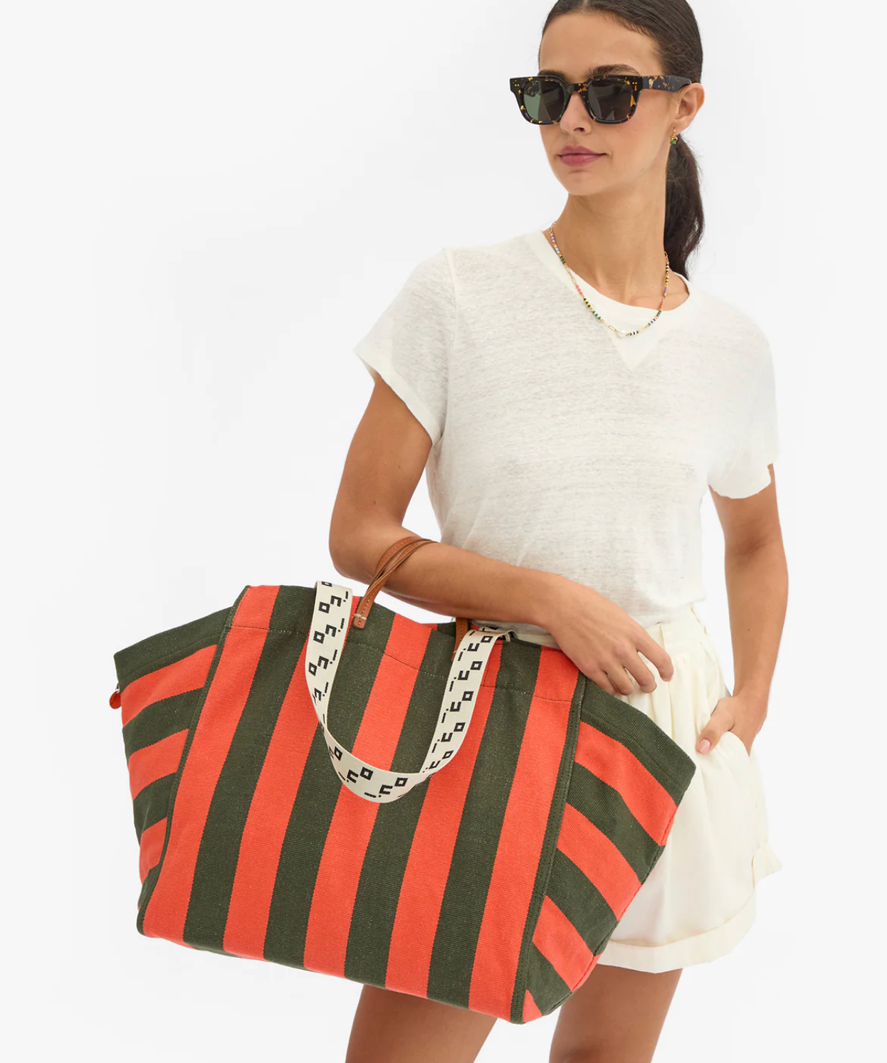 Clare V. La Cote Tote in Canvas Stripe Army/ Bright poppy