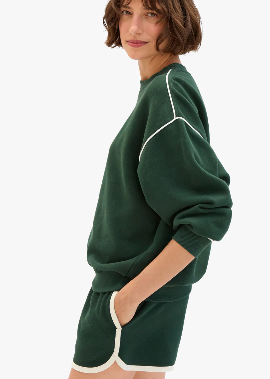 Clare V. Oversized Sweatshirt in Deep Forest w/ Cream  Piping & Geo Les Sardines Patch