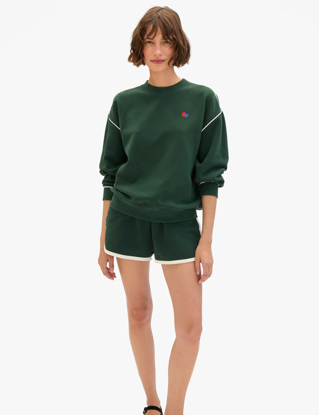 Clare V. Oversized Sweatshirt in Deep Forest w/ Cream  Piping & Geo Les Sardines Patch