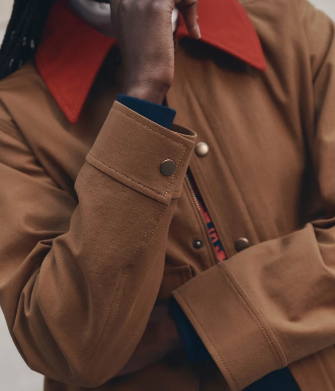 The Great. The Swingy Jacket in Rust with Bright Red