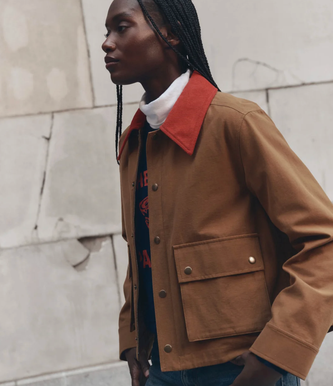 The Great. The Swingy Jacket in Rust with Bright Red