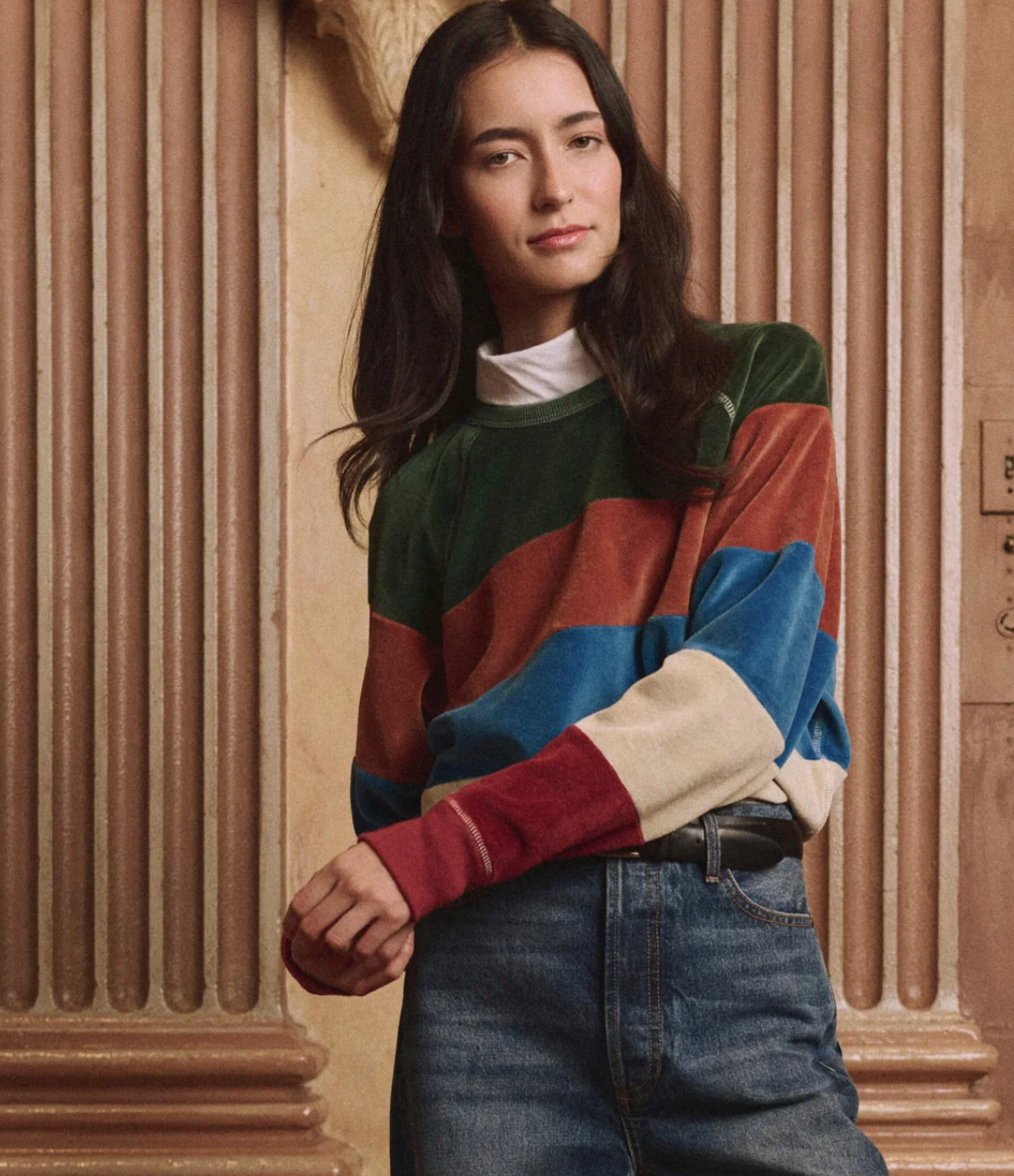 The Great. The Pieced Stripe Velour College Sweatshirt in Arroyo Stripe