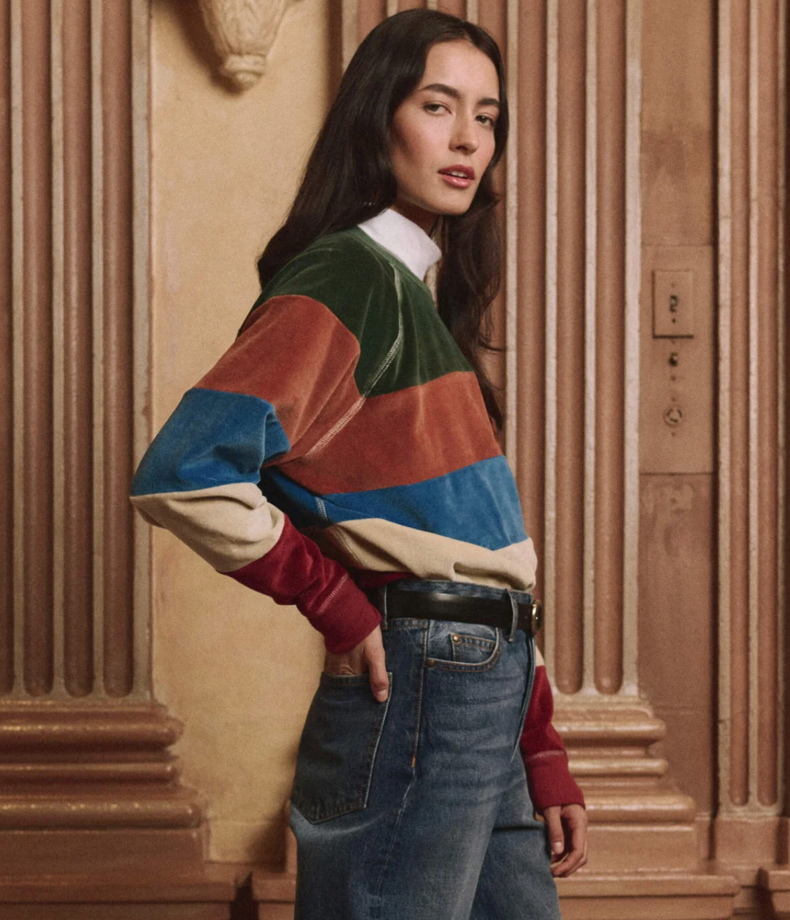 The Great. The Pieced Stripe Velour College Sweatshirt in Arroyo Stripe