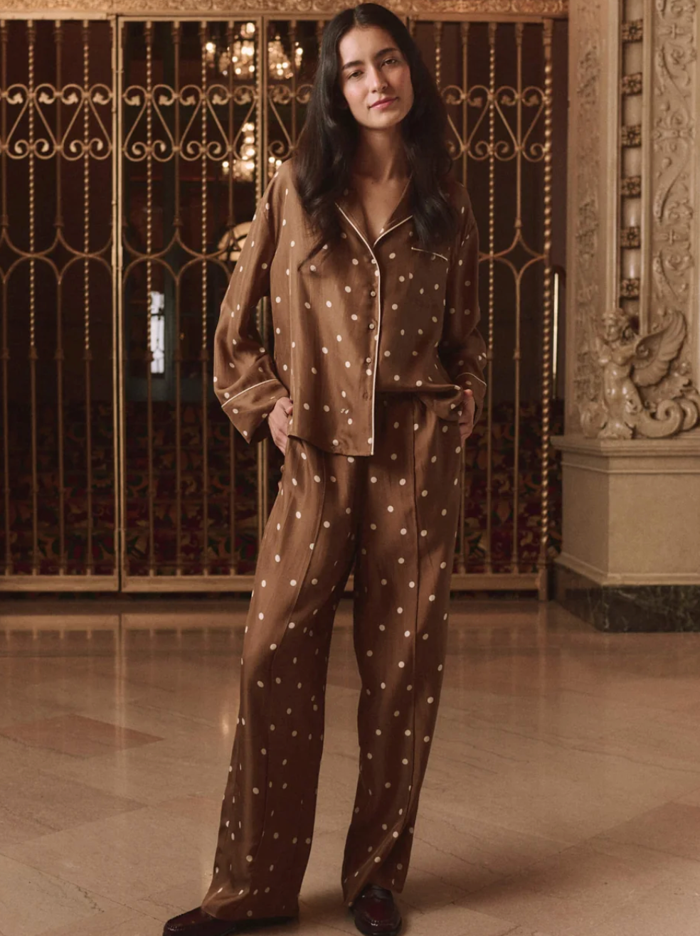 The Great. The Slouch Pintuck Pant in Copper Bubble Dot