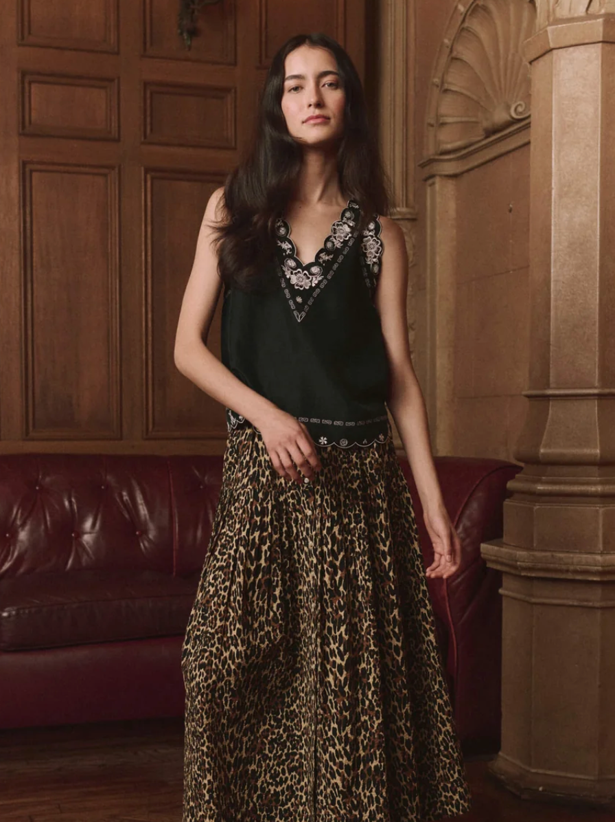 The Great. The Embroidered Floral Slip Top in Black