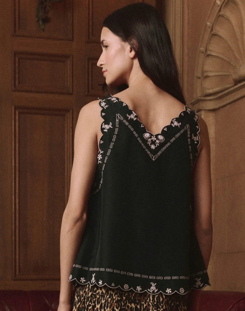 The Great. The Embroidered Floral Slip Top in Black