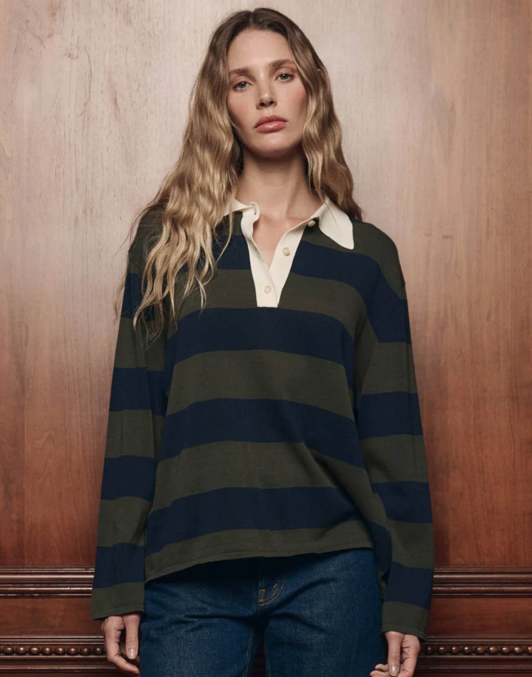The Great. The Academy Polo Sweater in Army League Stripe