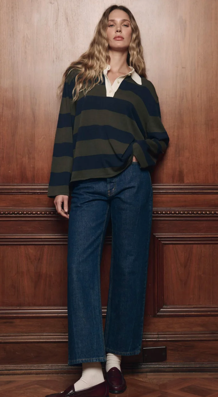 The Great. The Academy Polo Sweater in Army League Stripe