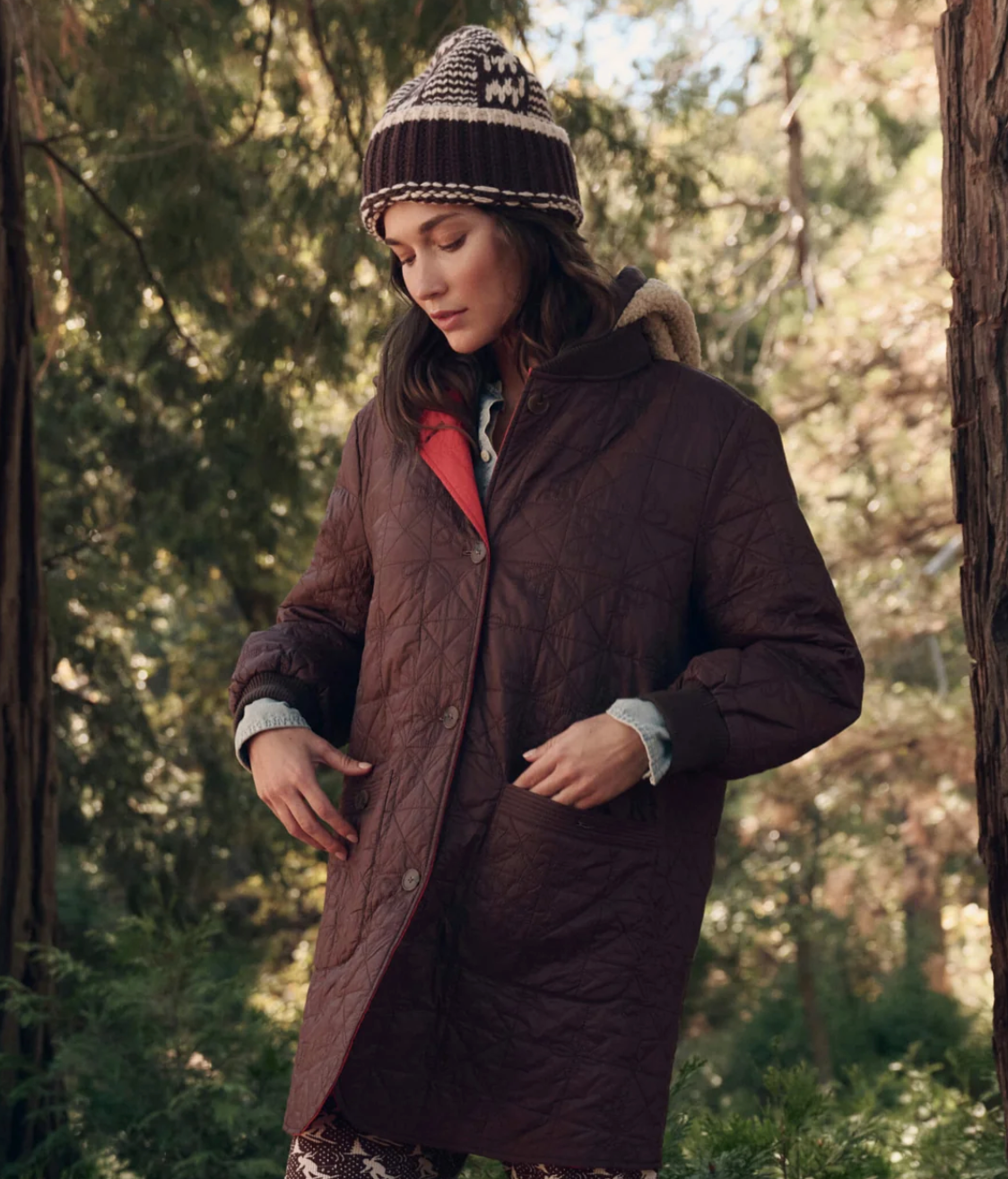 The Great. The Reversible Sawyer Puffer in Brown & Poppy