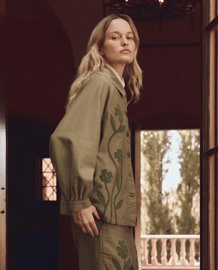 The Floral Applique Commodore Jacket in Tonal Army